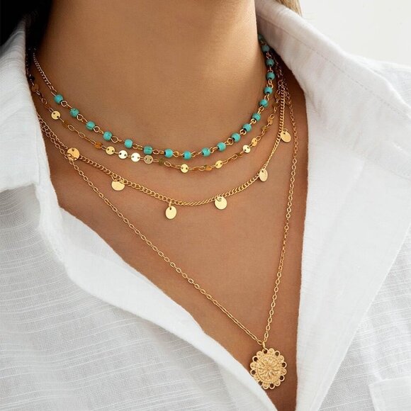 Stylish 4-Piece Gold Layered Necklace Set with Turquoise – Hypoallergenic & Chic - Picture 5 of 7